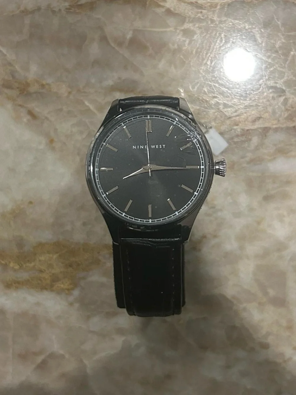 Nine West Men's Black Leather Strap Watch - Black Dial